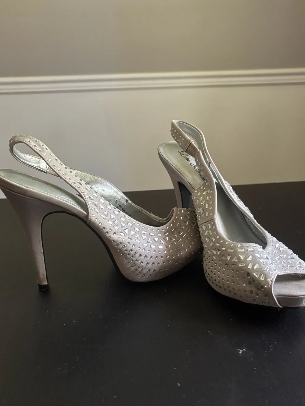 Lulu Townsend Silver Crystal-Embellished Peep-Toe Slingback Heels